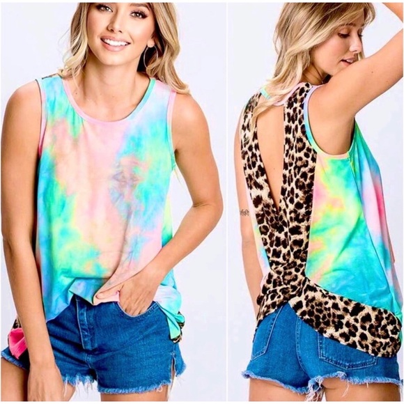 1 LEFT! V Back Leopard Print Tie Dye Lightweight Summer Sleeveless Top - Picture 4 of 8